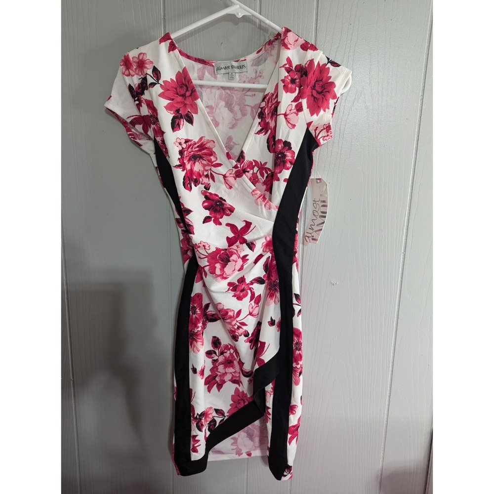 Almost Famous S pink Black flowers floral short sleeve dress NWT